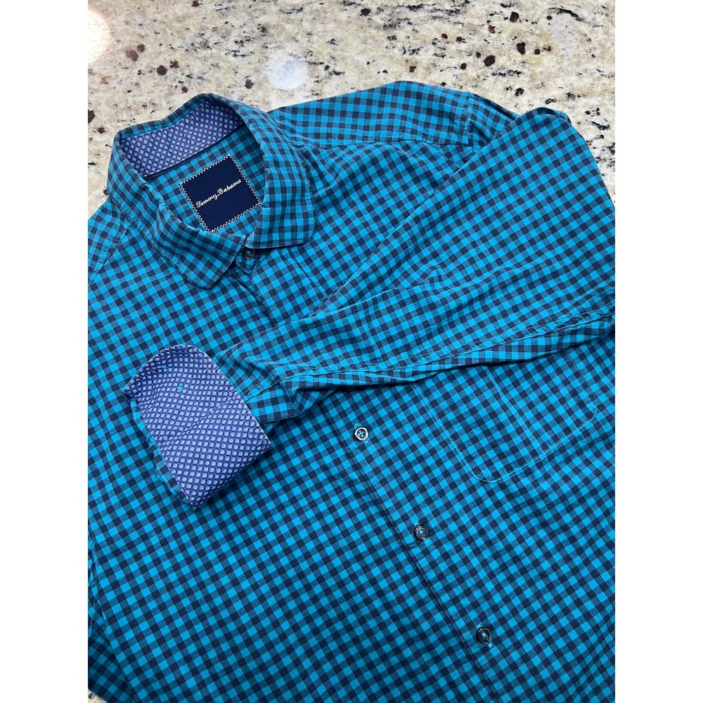 Tommy Bahama Mens Teal Navy Gingham Check Marlin Logo Button Down Shirt L/S